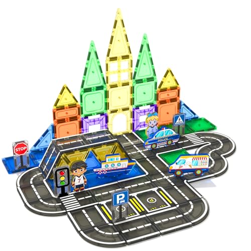 104 pcs magnetic tiles road set stem construction toys for kids ages 3-5 5-7 4-8 magnet building blocks for toddler toys games christmas birthday gifts for 3 year old boys girls