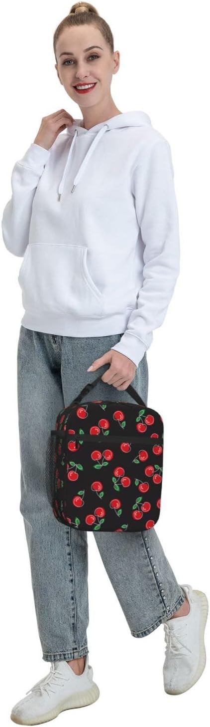 Red And Black Cherry Insulated Lunch Bag Reusable Cooler Lunch Box Portable Leakproof Thermal Container Tote Bags for Girls Boys School Travel - Image 8