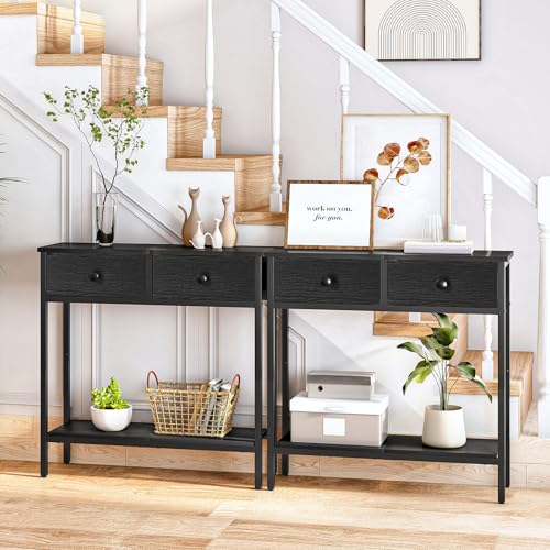Image of HOOBRO 29.5 inch Narrow Console Table with 2 Fabric Drawers, Small Entryway Table with 2-Tier Storage Shelves, Sofa Table, Behind Couch Table, for Living Room, Hallway, Black BB71XG01