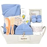 Mababyshop Canastilla Mi Sueño Naáy Manta De Punto, Gorrito Y Patucos, Muselina, Cepillo Y Peine De Madera Personalizado Cerdas Supersuaves, Colonia Sin Alcohol Y Marco Con Significado Nombre (Azul)