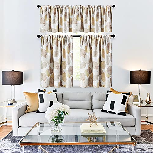 Mrtrees Short Tier Curtains 24 Inches Long Taupe Leaves Printed Kitchen Tiers Room Darkening Cafe Curtains Leaf Print Bathroom Small Window Treatment Set Multi Color Basement 2 Panels Rod Pocket #TOP6