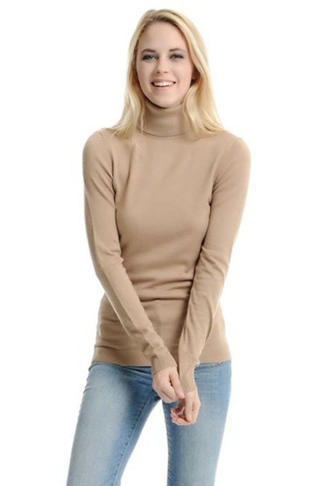 elegance1234 Women's Stretchy ROLL-Neck Long-Sleeve Cotton Plain Tops(XX-Large, Tan) **Same Day Posting**