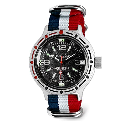 VOSTOK |Classic Amphibian Automatic Self-Winding Russian Diver Wrist Watch | WR 200 m |Fashion | Business | Casual Men's Watches | Model 420640 Tricolor Strap