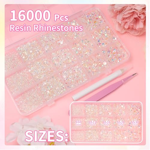 Image of 16000 Pcs Resin Clear Rhinestones for Crafting, Flatback Transparent Gems Jelly Rhinestones, Mixed Sizes Bedazzling Crystal with Pickup Tool for DIY Crafts Clothing Tumblers Mugs Shoes Fabric