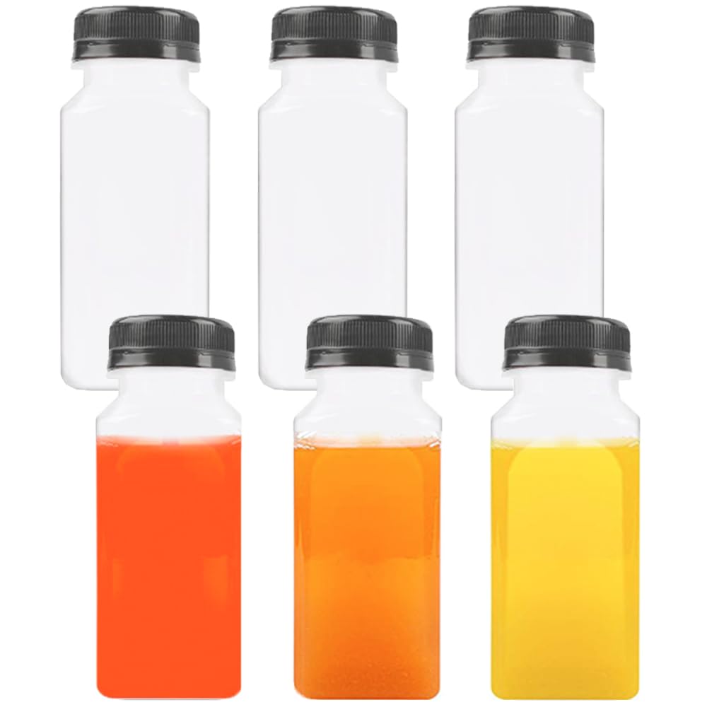 TINGDUANJIAN 6pc Juice Bottles with Lids, Small Plastic Shot Bottles for Smoothies Water & Other Beverages, Clear, Reusable
