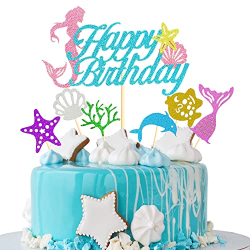 Sumerk 7 Pcs Mermaid Cake Topper Glitter Mermaid Theme Happy Birthday Cake Topper Mermaid Cake Decoration For Mermaid Baby Shower Birthday Party Supplies #TOP7