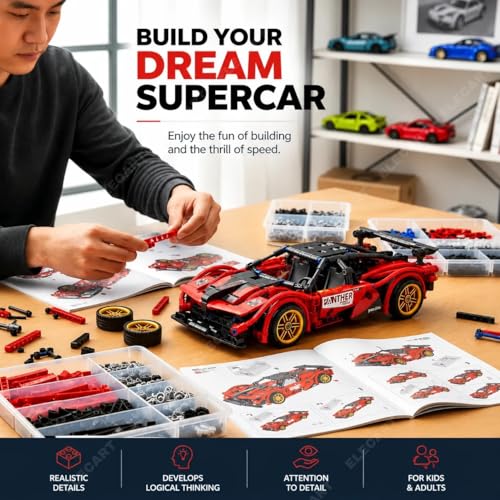 Image of 1:18 Scale Racing Car Building Block Set - Pull Back DIY Assembly Supercar Model | Compatible Bricks Toy for Kids, Adults, Collectors & Racing Car Lovers (RED)