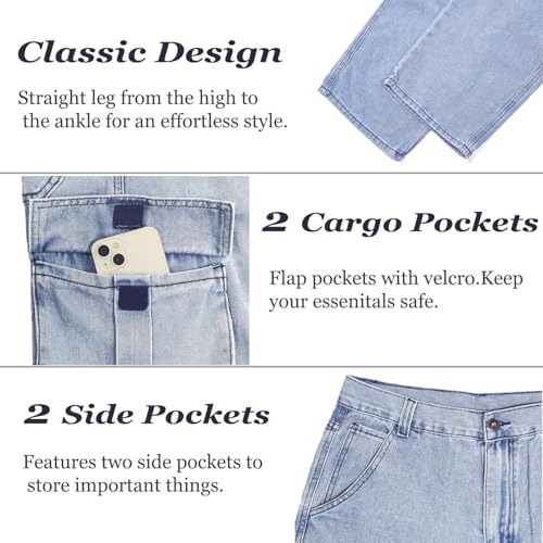 EnllerviiD Men's Baggy Cargo Jeans Straight Relaxed Fit Denim Work Pants Wide Leg Streetwear4