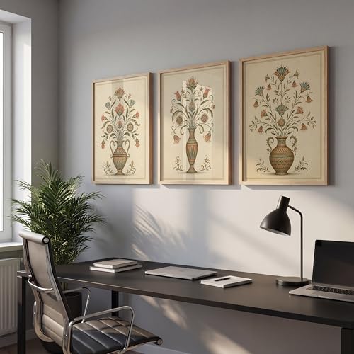Image of NoWorries Floral Vase Wall Art Set of 3 Framed Prints | Indian Traditional Botanical Painting, Vintage Rajasthani Flower Pot Poster, Ethnic Royal Wall Decor for Living Room Bedroom Home (Synthetic Engineered Wooden Frame) (MIN -7, 10x13 inches)