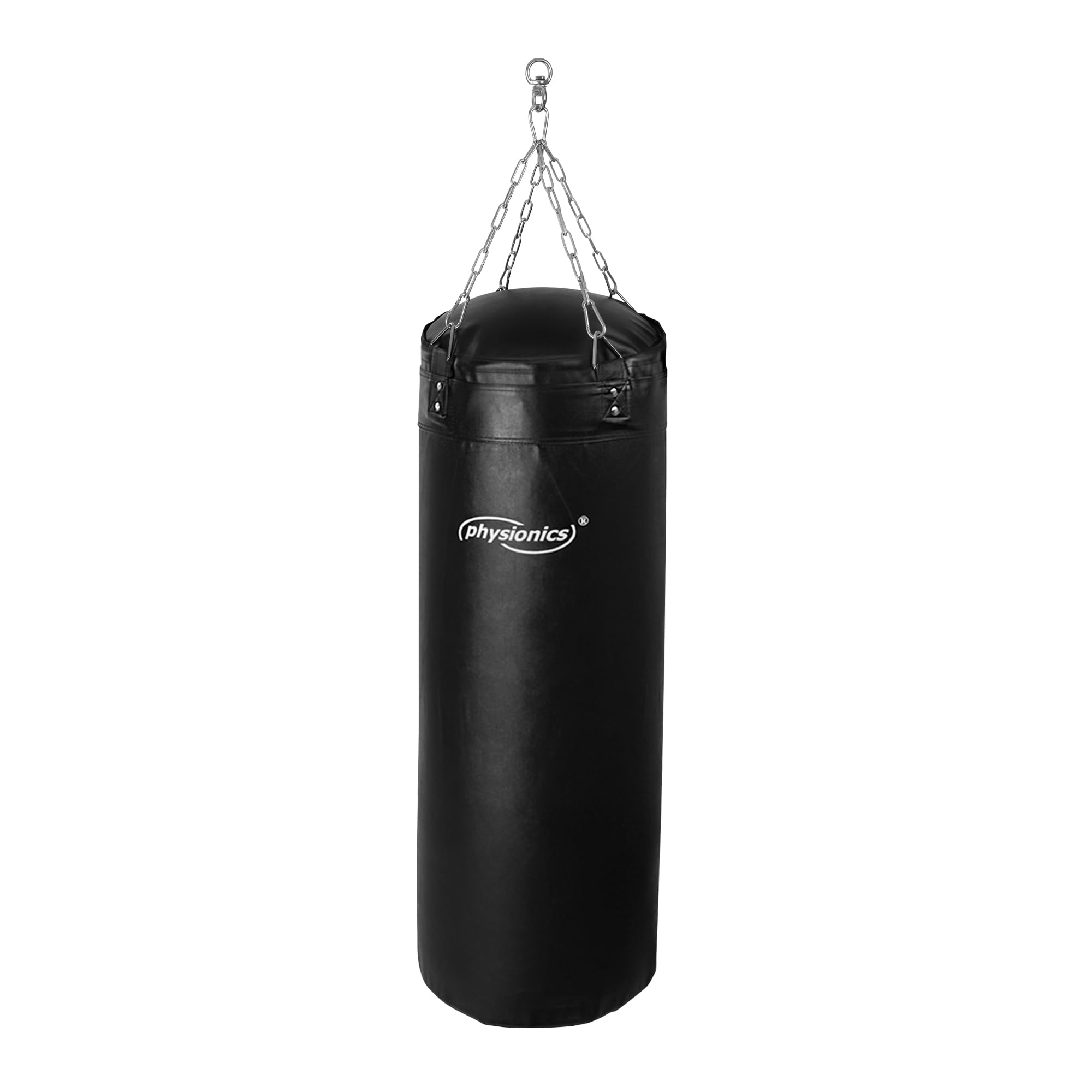 Physionics® Sac Frappe - Rempli, 100cm/120cm, 27kg/30kg, 4 Chaînettes, 2 Mousquetons et Crochet Pivotant - Boxe Adulte, Punching Bag, MMA, Muay Thai, Kickboxing, Arts Martiaux