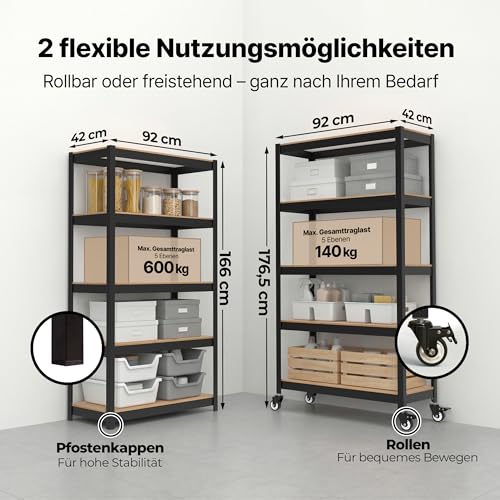 HOMEDANT House Premium-Rollregal Schwerlastregal mit Rollen Kellerregal Lagerregal Haushaltsregal Küchenregal Garagenregal 40 x 90 x 165cm Regal mit Laminat-MDF-Böden verstellbare Ablagen Schwarz
