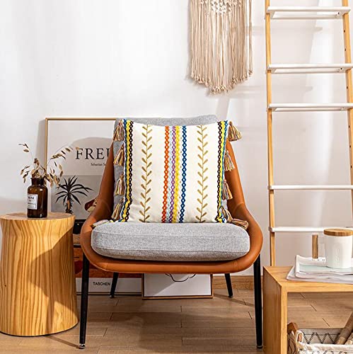 Judy Dre Am Home Thanksgiving Dec Morocco Boho Hand Embroidered Tassel Pillow Case Throw Pillow Cover Color Tufted Rectangle/Square Sofa/Bed Cushion Cover Cotton Line Pillowcase (Golden, 18X18 Inch) #TOP5