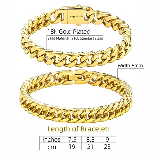 CaptainSteeL 2Pcs Cuban Link Chain Bracelet Set - Stainless Steel Bracelet, Gold Plating, Fashion Jewelry for Men, Women, Boyfriend, Lover, 7.5/8.3/9 Inches2