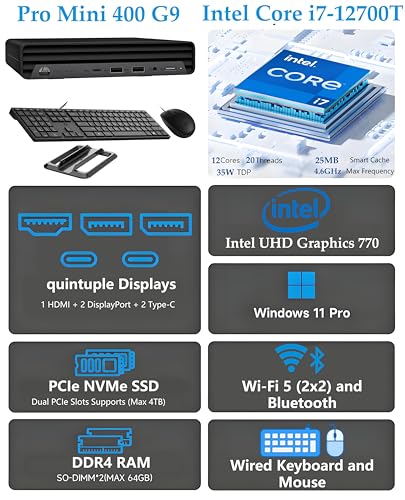 Image of HP Pro Mini 400 G9 Mini PC Business Desktop Computer, Intel 12-Core i7-12700T, 16GB DDR4 RAM, 256GB PCIe SSD, WiFi, Bluetooth, RJ-45, 2 DisplayPort + 2 Type-C + HDMI, Keyboard & Mouse, Windows 11 Pro