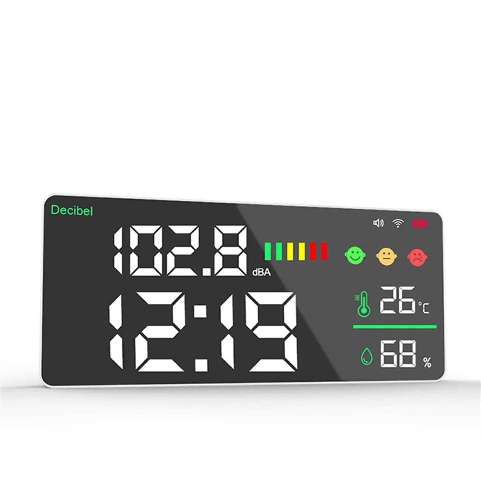 Sonometro, Medidor de sonido Digital Tuya con, 4 en 1, temperatura, humedad, prueba de decibelios, despertador, pantalla LED a Color de 1 pulgada, Control por aplicación