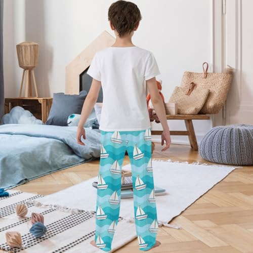 Boy's Pants Cute Sailboat Blue Sea Wave Jogger Pants Elastic Waist Long Bottoms Trousers with Pockets 6-14 Years3