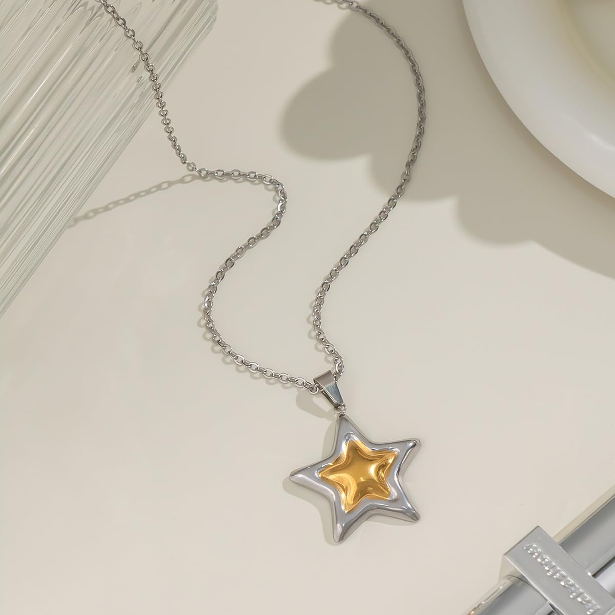 Two-Tone Star Pendant Necklace Gold And Silver Mixted Metal Choker Necklace Dainty 18k Gold Plated Star Chain Choker Fashion Jewelry Christmas Birthday Gifts - Image 5