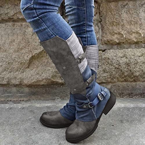Hbeylia Boots For Women Vintage Slouchy Plaid Leather Round Toe Chunky Block Low Heels Pullon Wide Mid Calf Riding Work Boots Boho Casual Metal Buckle Winter Fall Long Tall Combat Boots2