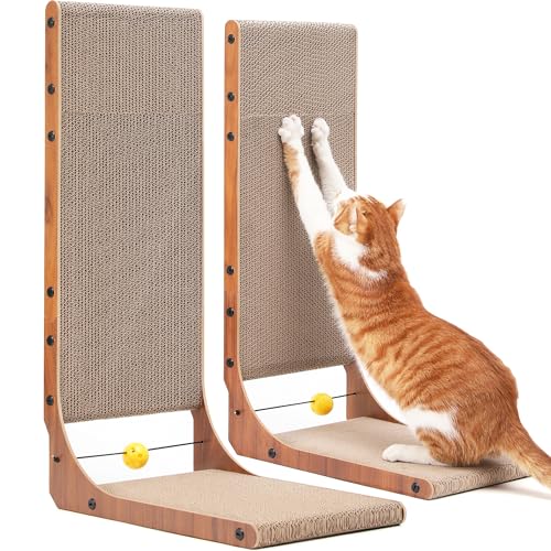 FUKUMARU Raspador para gatos, conjunto de 2, 68 cm de altura cartão arranhador em forma de L de cartão vertical, resistente a raspador para gatos com brinquedo de bola, cor nogueira