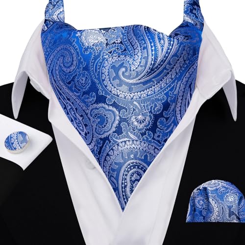 Image of Barry.Wang Ascot Ties Cravat Tie Men Paisley Plaid Scarf Self Tie Pocket Square Cufflinks Set Wedding Party