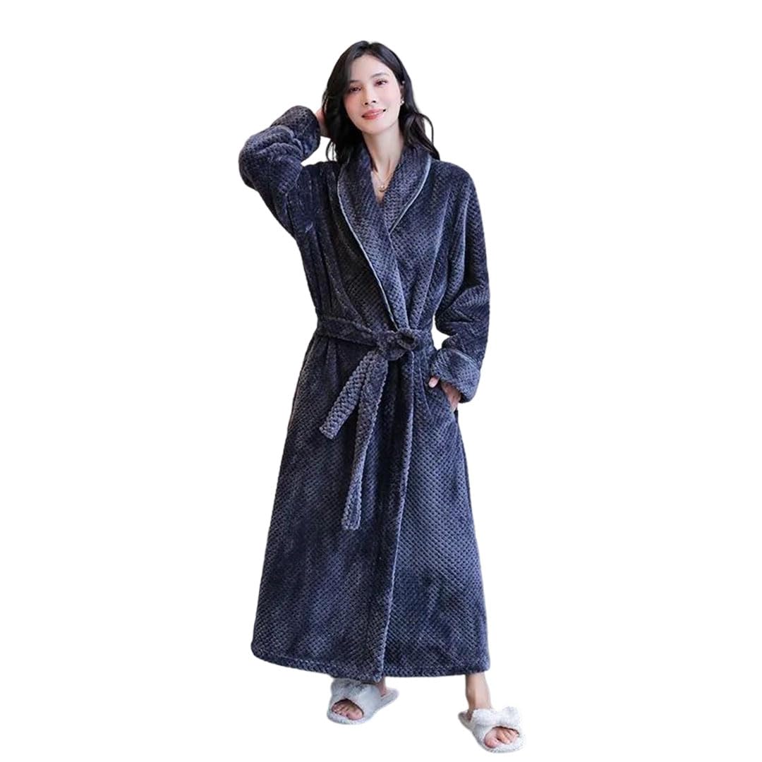 Men Women Thick Flannel Couple Pajamas Nightgown Bath Robe Kimono Bathrobe Fleece Sleepwear Warm Robes Belts Gray9-Women-M Gray9-Women-M