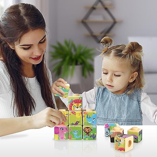 Image of ArtCreativity Silicone Picture Puzzle Blocks for Kids, 12 Stacking Baby Blocks with Four Different Pictures Printed on The Sides, 2 inch Soft Toy Building Blocks for Toddlers