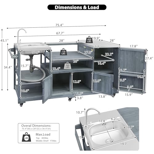 Image of Merax 75.4 inch Outdoor Grill Table for Big Green Egg, Outdoor Grill Cart with Sink, Solid Wood Grill Station Prep Table with with Stainless Steel Tabletop and Storage for Pizza Prep & BBQ,Grey Blue