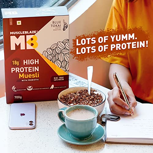 Image of MuscleBlaze High Protein Muesli, Blue Tokai Cafe Mocha, 18 g Protein, with Dry Fruit, Nut & Superseeds, Ready to Eat Healthy Snack, 700 g