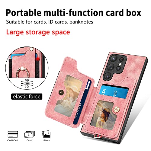Funda con soporte de anillo para Samsung S20 Plus anticaídas con tarjetero de cuero rosa 4