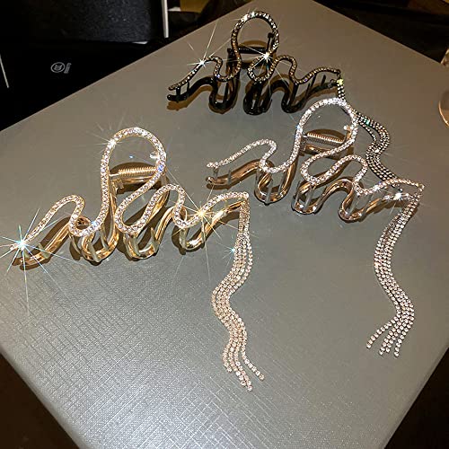 Jumwrit Large Rhinestone Hair Claw Big Wave Hair Clip Strong Hold Metal Hair Clip Long Tassel Chain Hair Claw Non Slip Hair Clamp Fashion Hair Claw Clip For Thick Hair(Black) #TOP7