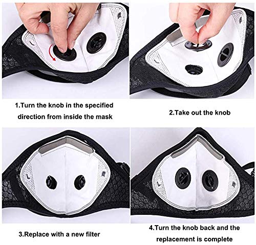 2 Pack Unisex Adjustable Reusable Protect Mouth Cover with 8 Carbon Filters and 8 Valves for Bicycle Riding Running Cycling Outdoor Sport Black - Thumbnail 2
