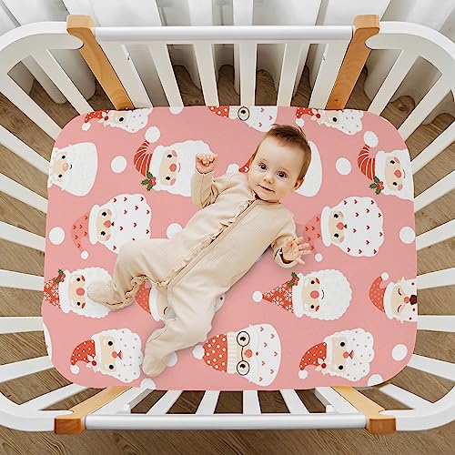 Image of Santa Pink Christmas Crib Sheets Soft Breathable Fitted Baby Playard Sheets Mattress Cover for Girl Boys, 39 inch x 27 inch x 5 inch