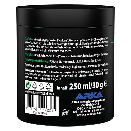 Flockenfutter für Zierfische – ARKA Vita Flakes 250 ml – hochwertiges, kaltgepresstes Alleinfutter für Süßwasseraquarien – unterstützt Farbenpracht, Vitalität & Wachstum – ohne Spirulina