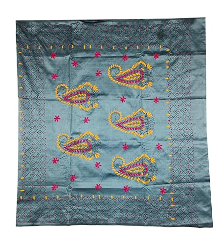 Image of SHRISTI CLOTHINGS Women's Hand Embroidered Cotton Silk Kantha Stitch Saree with Blouse Piece (J420924 GREYD48)