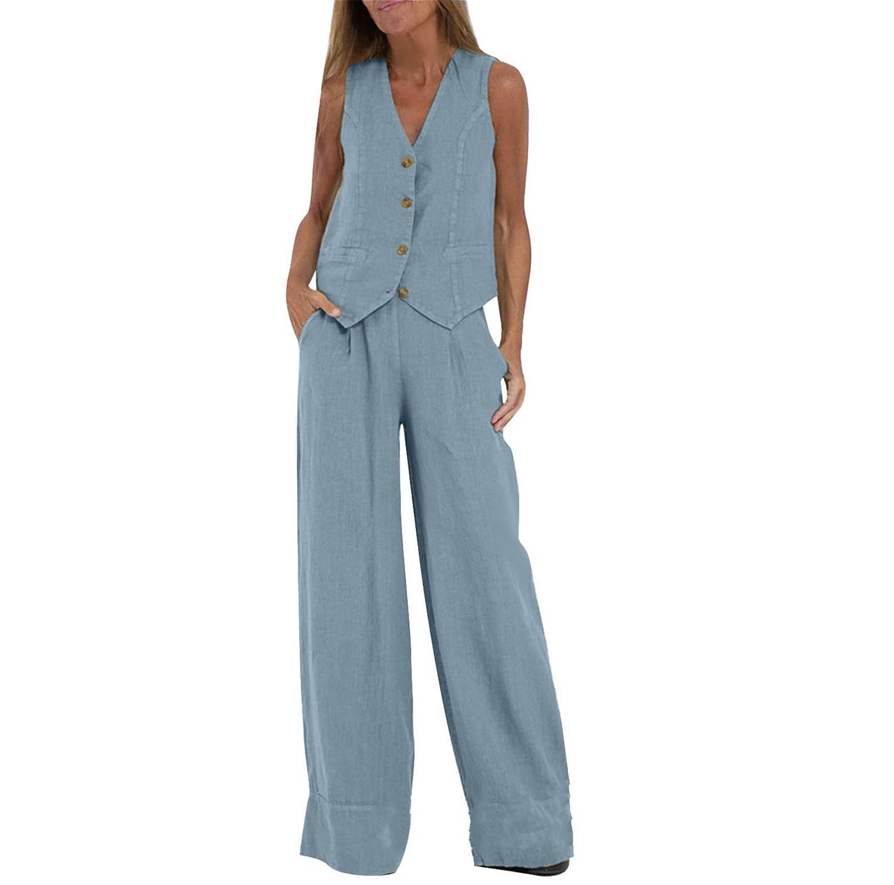 Conjunto Casual de 2 Piezas de Lino y algodón para Mujer, Chaleco Suelto sin Mangas, Pantalones de Pierna Ancha, cómodos Trajes de Verano, Blazer de Negocios, Ropa de Descanso