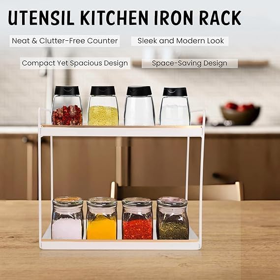 Image of Niyara Spice Rack | Heavy Duty 2-Tier Iron Metal Storage Stand | Multipurpose Countertop Organizer for Kitchen, Bathroom, Cosmetics & Home (White with Golden Border)