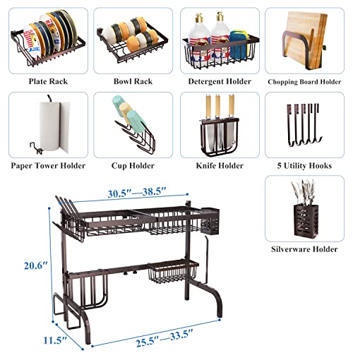 Image of Over The Sink Dish Drying Rack, SAYZH Width Adjustable (25.5 inch to 33.5 inch) 2 Tier Dish Rack Drainer for Kitchen Counter Organization and Storage, Utensil Sponge Holder Sink Caddy Dryer Rack Brown
