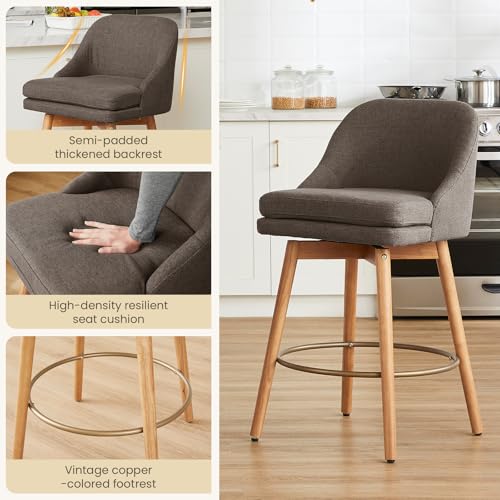 Image of kinmars Modern Bar Stools Set of 2,Swivel Counter Height Bar Stools with Soft Upholstered Back,Thick Seat,Wooden Legs, 27 inch Counter Stools for Kitchen Island (Brown, 2 Pieces - 27 inch Counter Height)