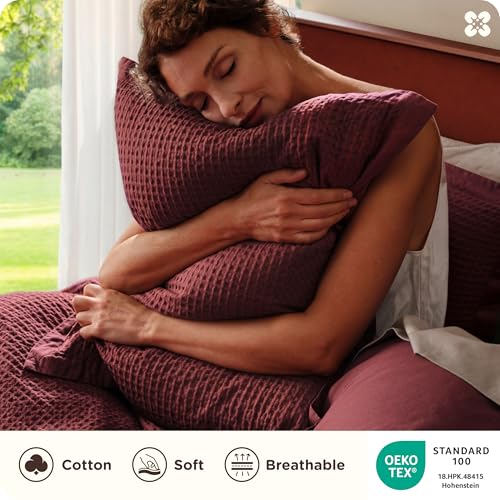 Image of Bedsure Cotton Duvet Cover Queen - 100% Cotton Waffle Weave Maroon Red Duvet Cover Queen Size, PureWoven Breathable Bedding Set for All Season, 3 Pieces, 90 inchx90 inch