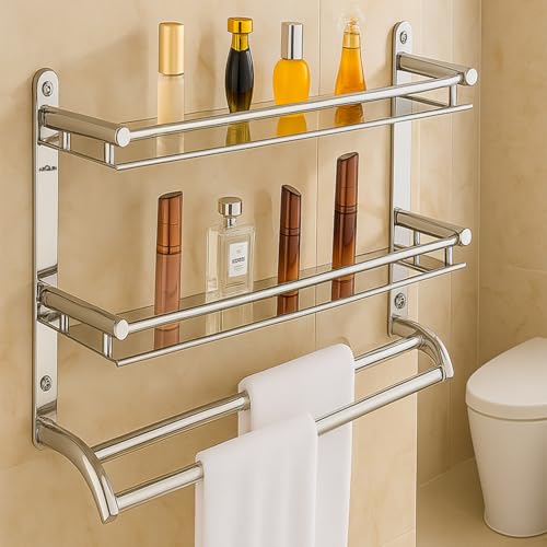 Image of ARQUIN 3 Layer Shelf Bathroom Shelf 5x15x16 Inch | 304 Stainless Steel Stand Wall Mount Multi-Purpose Storage Washroom Storage Organizer Shelf | Bathroom Racks & Shelves Wall Rack for Bathroom