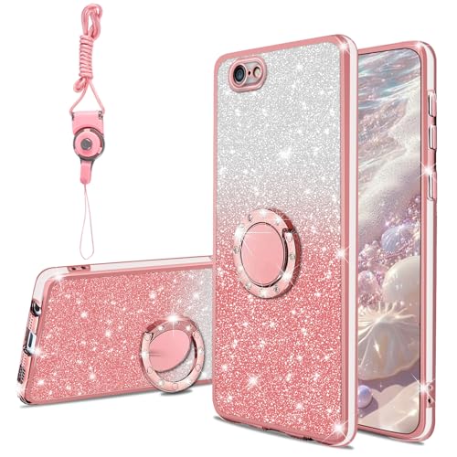KuDiNi for iPhone 6S Case Cute Sparkle Bling Sparkly Slim Clear TPU Thin Shiny Glitter Case Women Girly, Shockproof Protection Cover with Ring Stand & Strap for iPhone 6 4.7 inch,Pink Gold