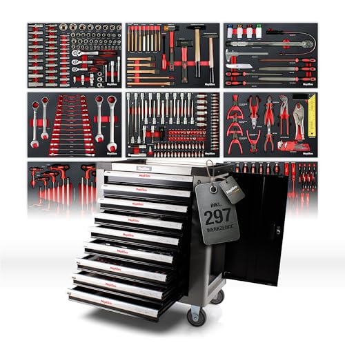 Mephisto Servante d'atelier avec 9 tiroirs Dont 8 avec Outils tels Que clé, cliquet avec boîte à écrous, Tournevis, etc. Tiroirs remplis d'aspect Carbone