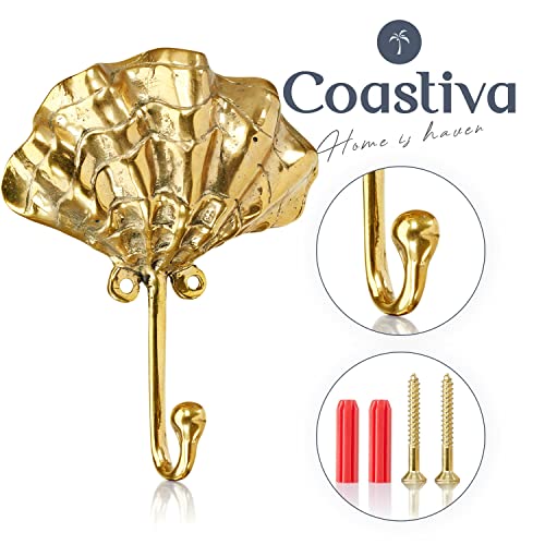 Coastiva Brass Clamshell Decorative Wall Hook, Coastal Home Decor for Towel Holder in Bathroom, Wall Mounted Nautical Style Hooks for Hanging Coat, Robe, Bag, Towels, Hat, Purse and Key - Image 5
