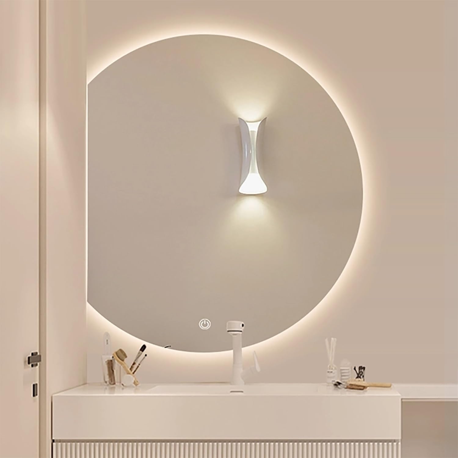 SXFSDOU 90/100cm LED Bathroom Mirror Anti-Fog Crescent Makeup with 3 Light Colors Smart Decorative for Cosmetology (Left Cut 70cm/28in)