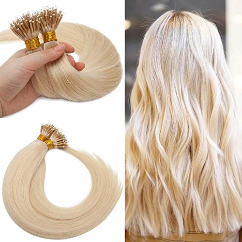 S-noilite 16" Nano Ring Hair Extensions Human Hair Nano Bead Links Extensions Pre Bonded Cold Fusion Nano Loop Hairpiece For Women 50g 50 Strands #613 Bleach Blonde