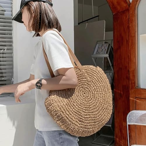 Bolso redondo de paja tejida para hombro, bolso tote para playa y vacaciones de verano, con forro y detalles en cuero, con cierre de cremallera miniatura 2