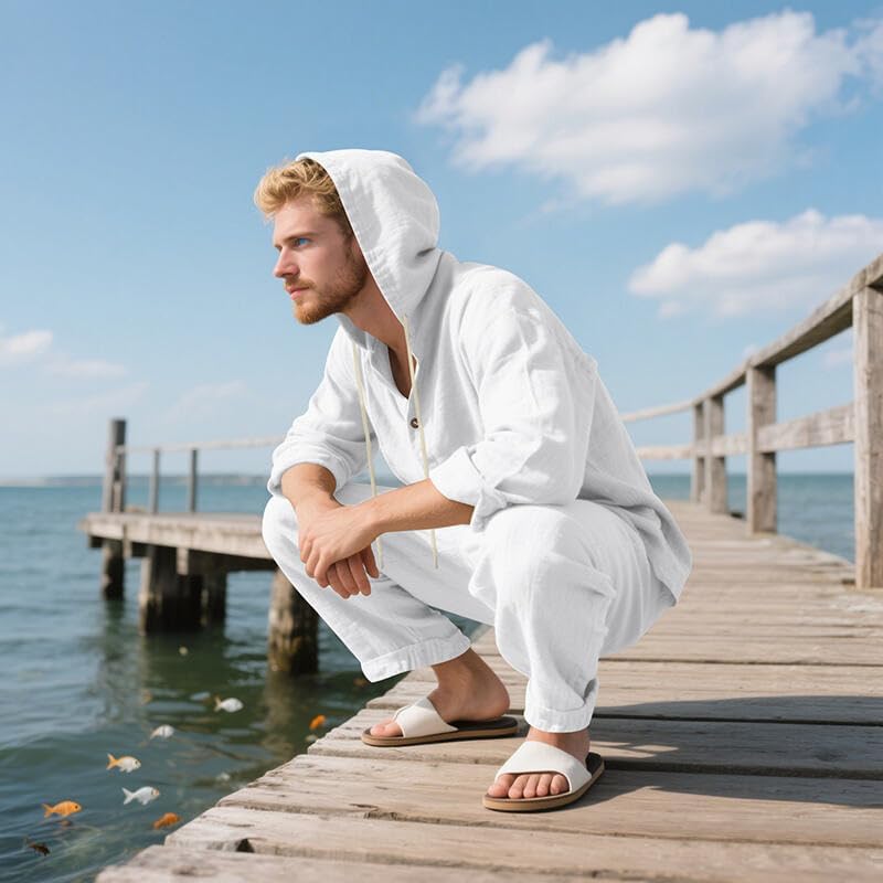 Men's 2 Pieces Cotton Linen Set Casual Long Sleeve Henley Shirts Beach Yoga Pants Summer Outfits - Image 4