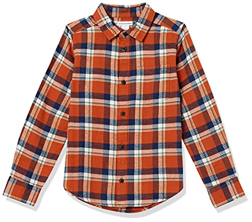 Amazon Essentials Boys Flannel Button Down Shirt Navy Orange Plaid Small