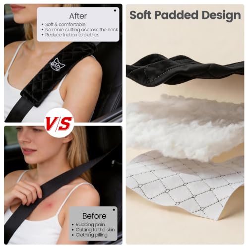 Image of Amooca Soft Auto Seat Belt Cover Seatbelt Shoulder Pad Cushions 2 PCS for a More Comfortable Driving Universal Fit for All Cars and Backpack Black Cat