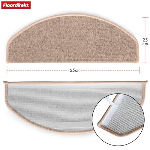 Floordirekt Treppenstufen Matten - London Pro Beige - 1 Stück Stufenmatten Treppenteppich halbrund 25x65 cm